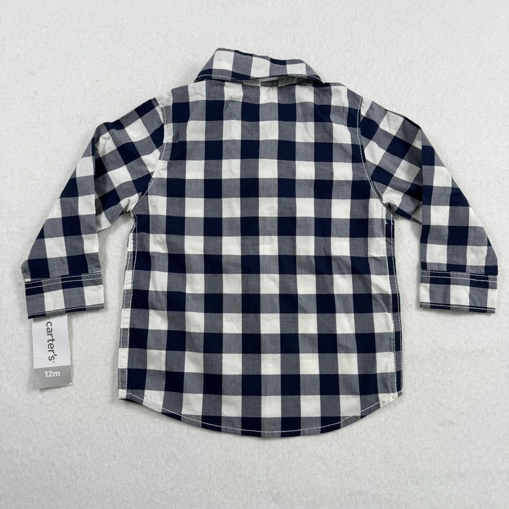 NWT Carters Baby Boys Navy White Buffalo Check Long Sleeve Button Down Shirt 12M